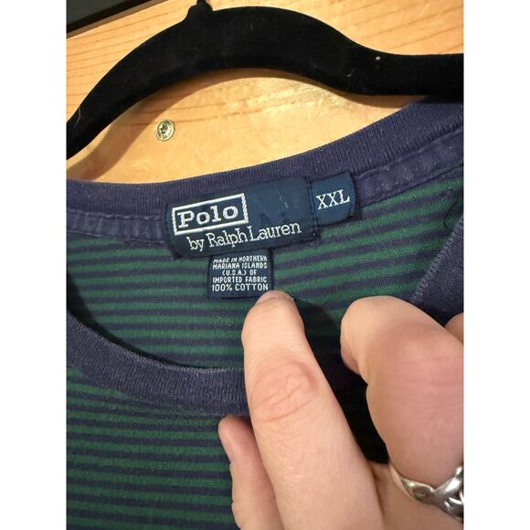 VTG Polo Ralph Lauren T Shirt Striped Green Blue Men’s XXL 100% Cotton - Picture 4 of 4
